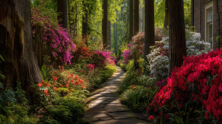 Experience a tranquil garden pathway framed by vibrant flowers and lush foliage, illuminated by soft sunlight in a serene forest environment.の素材