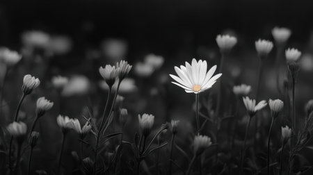 A striking black and white photograph featuring a single white daisy that draws attention against a dark, blurred floral background, showcasing nature's beauty.の素材