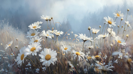 A tranquil scene showcasing a field of white daisies basking in soft morning light, set against a misty landscape that evokes peace and beauty.の素材