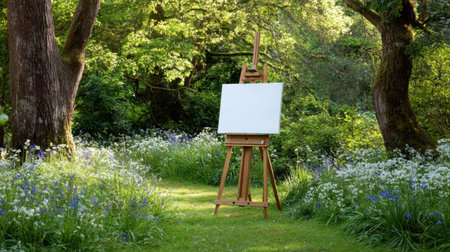 A tranquil nature scene featuring a blank canvas on an easel, surrounded by vibrant wildflowers and lush greenery, perfect for inspiration.の素材