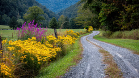 A picturesque gravel road meanders through a vibrant countryside, adorned with colorful wildflowers under a clear blue sky.の素材
