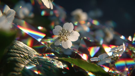 A captivating close-up image showcasing a white flower surrounded by colorful light reflections on lush green leaves, creating a mesmerizing natural scene.の素材