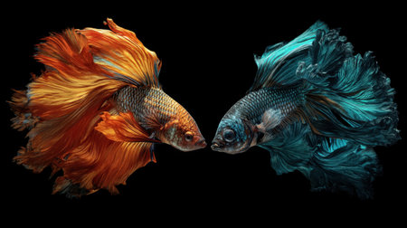 Two stunning betta fish with vibrant colors face each other, showcasing their graceful fins and elegant beauty in a captivating underwater scene.の素材