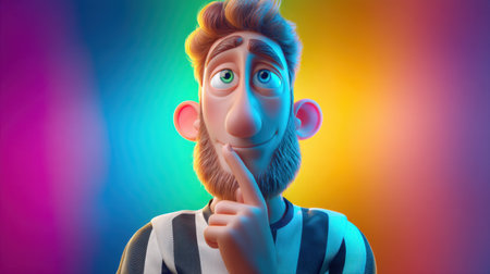 This whimsical animated character showcases a thoughtful expression against a vibrant and colorful background, embodying creativity and curiosity in digital art.の素材