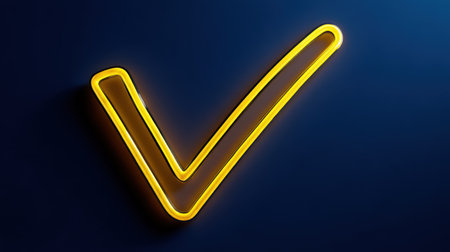 A vibrant neon glowing check mark icon set against a dark blue background, perfect for representing approval, success, and positivity in creative projects.の素材