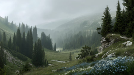 Explore a stunning mountain valley enveloped in fog, featuring vibrant wildflowers and towering pine trees, creating an idyllic natural escape.の素材