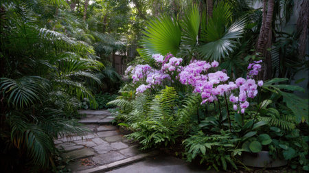 Explore a tranquil tropical garden featuring a charming stone pathway surrounded by lush greenery and vibrant pink orchids, creating a serene nature retreat.の素材