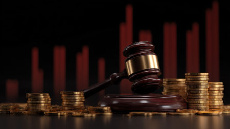 This image illustrates the intersection of law and finance, featuring a gavel surrounded by coins and a stock market chart, emphasizing legal implications in investments.の素材