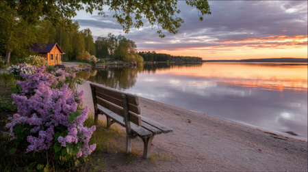 A tranquil lakeside scene featuring a wooden bench beside blooming lilacs, reflecting the peaceful beauty of nature at sunrise, ideal for relaxation.の素材
