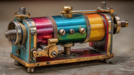 This vintage mechanical device showcases a colorful design with brass accents and intricate details, perfect for artistic displays and historical contexts.の素材