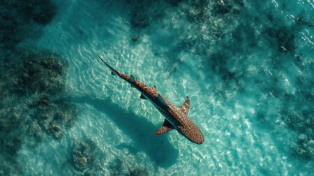 This stunning aerial photograph captures a shark gracefully swimming through crystal-clear turquoise waters, surrounded by vibrant coral reef.の素材