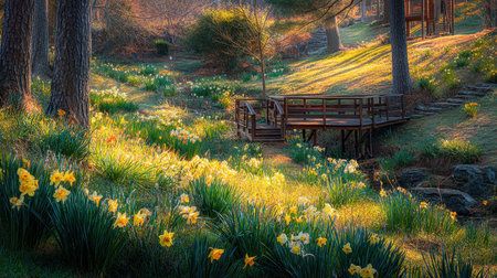 Discover a tranquil spring garden featuring blooming daffodils, a charming wooden bridge, and lush trees bathed in soft morning light.の素材