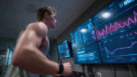A dedicated athlete examines detailed data on multiple screens showcasing performance metrics and statistics in a modern training environment.の素材