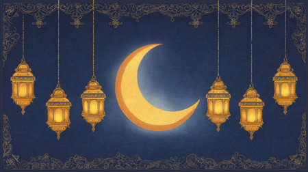 This enchanting image features a crescent moon surrounded by beautifully designed lanterns against a deep blue night sky, symbolizing celebration and elegance.の素材