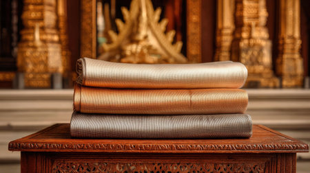 A beautifully arranged stack of luxurious textiles in shimmering colors rests on a wooden table, set against an ornate decorative backdrop, evoking elegance and warmth.の素材