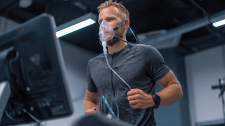 A determined man runs on a treadmill wearing a breathing mask, actively engaging in fitness training and monitoring performance in a modern gym.の素材