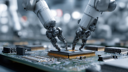 Explore the future of technology with robotic arms precisely assembling microchips on circuit boards in a modern industrial setting.の素材