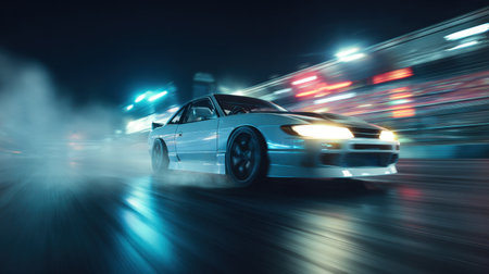 A stunning image capturing the essence of car racing at night, showcasing a sleek vehicle in motion amid smoke and vibrant lights.の素材