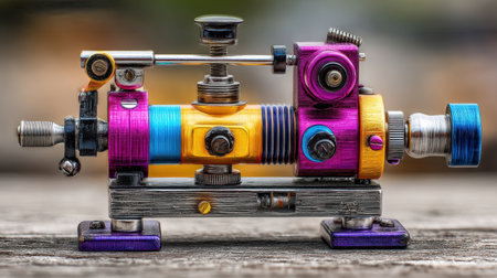This colorful vintage mechanical device showcases intricate details with shiny metallic parts set against a rustic wooden surface, perfect for artistic projects.の素材