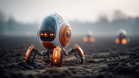 A captivating futuristic robot explores a barren landscape, featuring glowing elements and advanced technology, symbolizing innovation and exploration in a modern environment.の素材