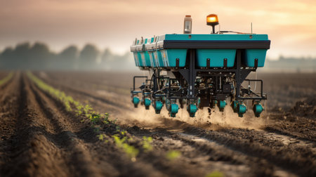 A modern piece of agricultural equipment is showcased in action, meticulously planting seeds in neat rows across a fertile field at sunset. Dust billows gently behind as the machinery prepares for a successful crop season.の素材