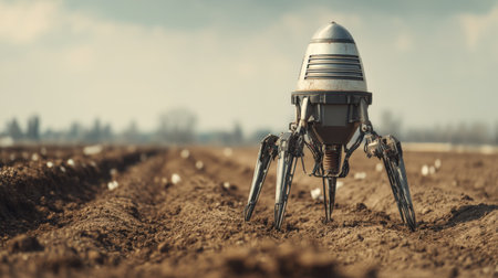 A futuristic robot stands in a freshly tilled agricultural field, showcasing modern technology in farming. The serene landscape reflects innovation.の素材