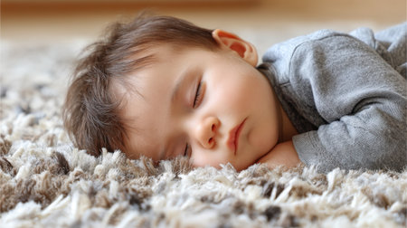 A heartwarming scene of a baby sleeping soundly on a plush carpet, evoking feelings of warmth and serenity in a cozy indoor space.の素材