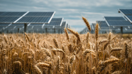 A stunning image captures a golden wheat field thriving beneath rows of solar panels, symbolizing the harmony between agriculture and renewable energy.の素材