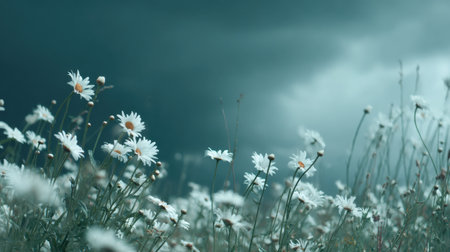 A captivating scene featuring white daisies blooming prominently in a vast field under a dramatic and stormy sky. This photograph captures the essence of nature's beauty with contrasting elements.の素材