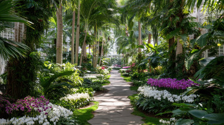 Explore a serene tropical garden pathway lined with vibrant flowers and lush greenery, creating a peaceful and vibrant natural oasis.の素材
