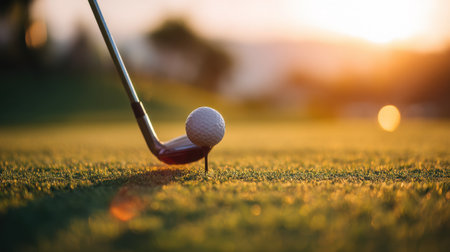 A stunning close-up captures a golf club poised to strike a ball on a tee amidst a vibrant sunset on a lush golf course landscape.の素材
