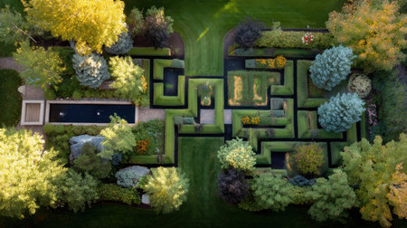 Discover the intricate layout of a maze garden captured from above, featuring lush greenery and a captivating mix of seasonal colors.の素材