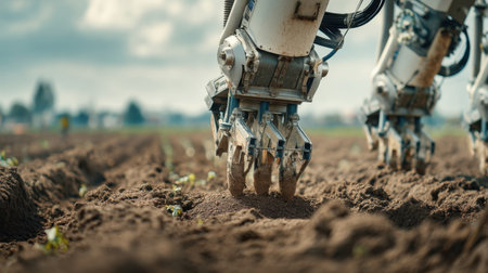 A close-up view of advanced agricultural robotics working in soil during daylight. The scene captures the intersection of technology and farming.の素材