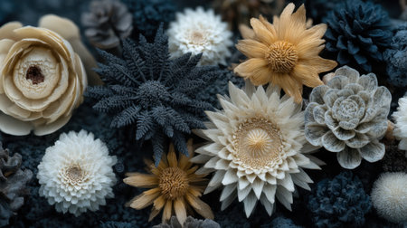 A stunning display of dried flowers showcases an array of textures and shades, creating an elegant composition perfect for artistic projects.の素材