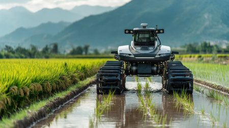 A modern piece of agricultural machinery operates in a serene rice field, surrounded by verdant mountains and a bright blue sky, showcasing innovative technology in farming.の素材