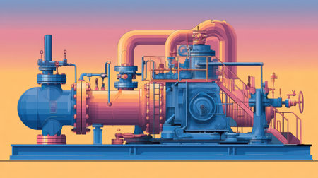 A vibrant depiction of an industrial pump station featuring intricate piping and machinery under a gradient sunset sky, highlighting technology and engineering.の素材