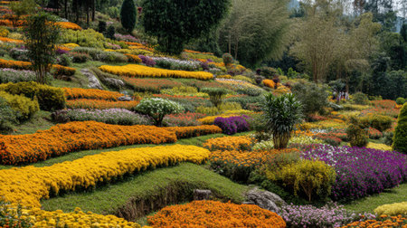 A breathtaking view of a vibrant flower garden showcases an array of colorful blooms arranged in intricate horizontal stripes under a bright blue sky.の素材