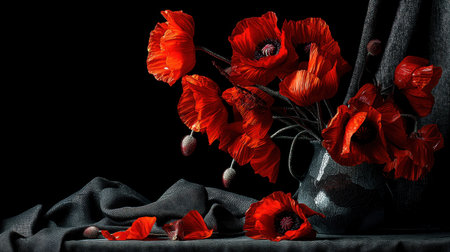 A breathtaking arrangement of vibrant red poppy flowers contrasts beautifully against a dark background, showcasing their delicate beauty in an artistic still life setting.の素材