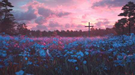 A peaceful landscape featuring a vibrant flower field under a stunning sunset sky, highlighted by a prominent cross surrounded by nature's beauty.の素材