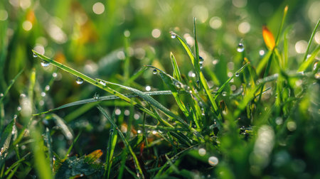 This close-up image captures the beauty of morning dew on vibrant green grass. The glimmering droplets enhance the peaceful outdoor scene, evoking a sense of freshness and tranquility in nature.の素材