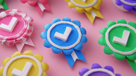 This vibrant image showcases a collection of colorful badges featuring check marks, perfect for representing achievements and celebrations.の素材