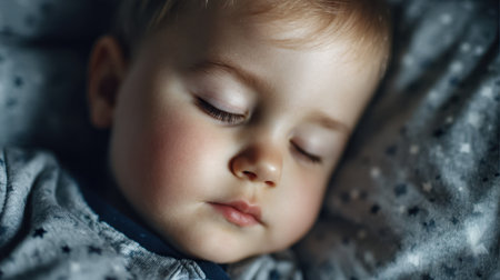 A peaceful sleeping baby rests on a cozy blanket, illuminated by soft light. The gentle features and calm expression reflect pure innocence and tranquility.の素材