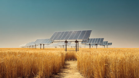 This stunning image captures the juxtaposition of solar panels set against a golden wheat field under a clear blue sky, symbolizing sustainable energy.の素材