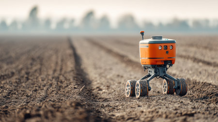 A striking orange agricultural robot stands in freshly plowed soil, embodying the future of farming technology with a serene landscape backdrop.の素材
