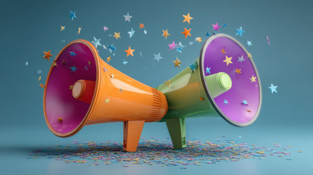Two vibrant megaphones in bright colors display a joyful burst of confetti and stars, capturing the essence of celebration and communication.の素材