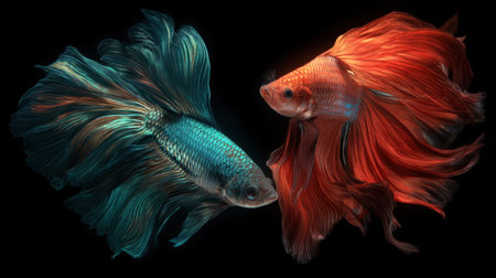 Captivating image of two vibrant betta fish with flowing fins, showcasing their unique colors and beauty in a striking black background.の素材