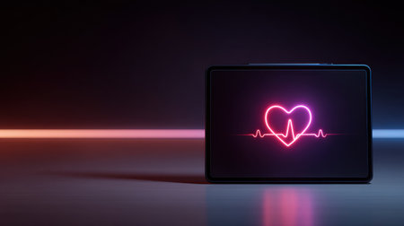 A vibrant neon heart graphic displayed on a tablet, symbolizing health and wellness. The soft glow contrasts against a dark background, creating an engaging visual perfect for technology and healthcare themes.の素材