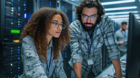 A diverse group of young professionals collaborates over data analysis in a modern server room, surrounded by technology and equipment.の素材