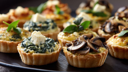 Indulge in a selection of freshly baked savory tartlets featuring rich fillings of spinach, mushrooms, and creamy cheese, perfect for any gathering.の素材