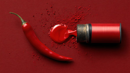 A stunning composition featuring a fresh red chili pepper, spilled chili powder, and rich red sauce on a bold red background, ideal for culinary themes.の素材